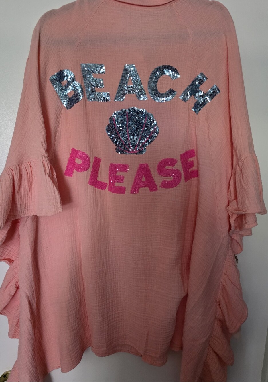 Pink Snap-Up Shirt with Classic Collar Back Has Glittered "BEACH PLEASE"
